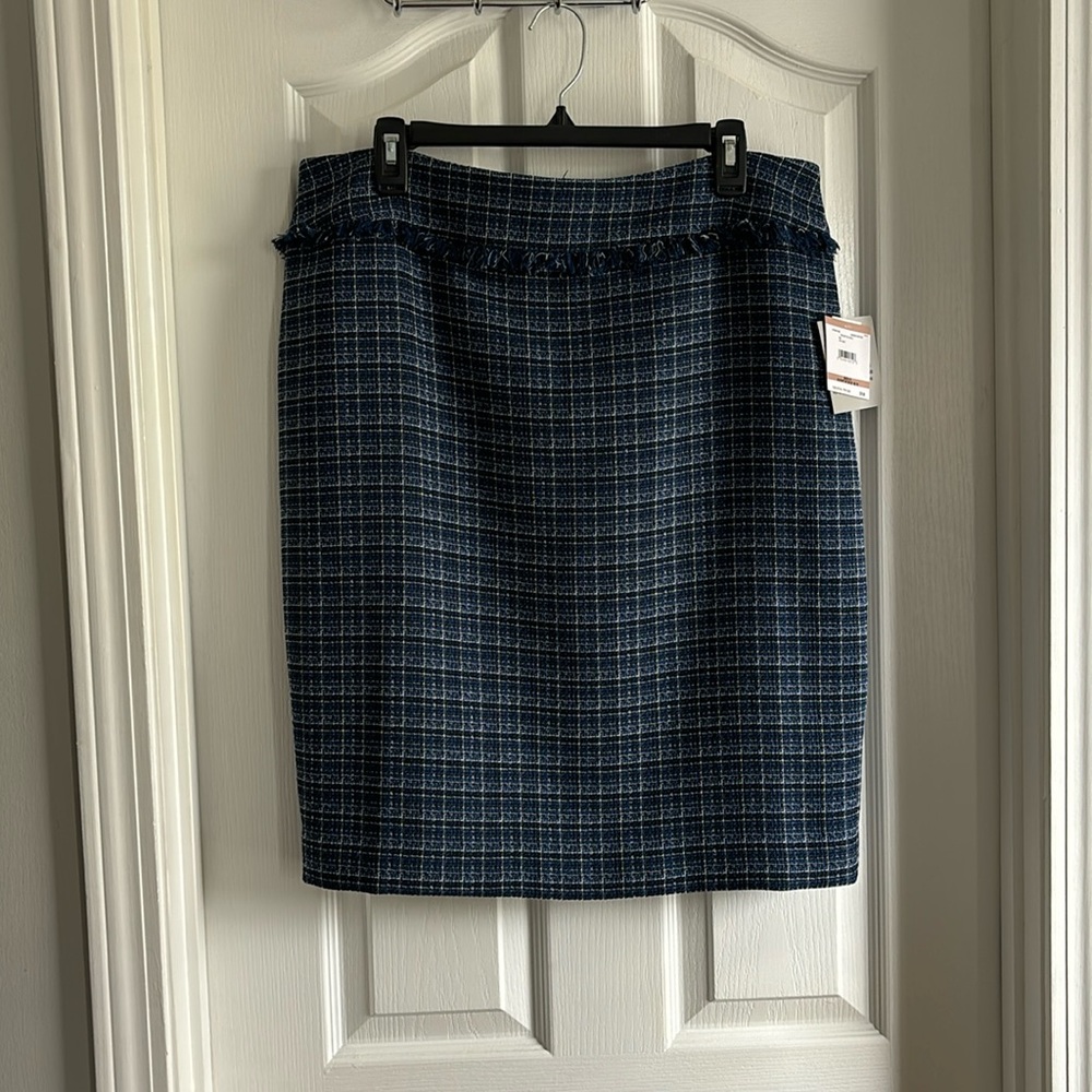 NWT Kasper Blue Plaid Tweed Pencil Skirt Size 12